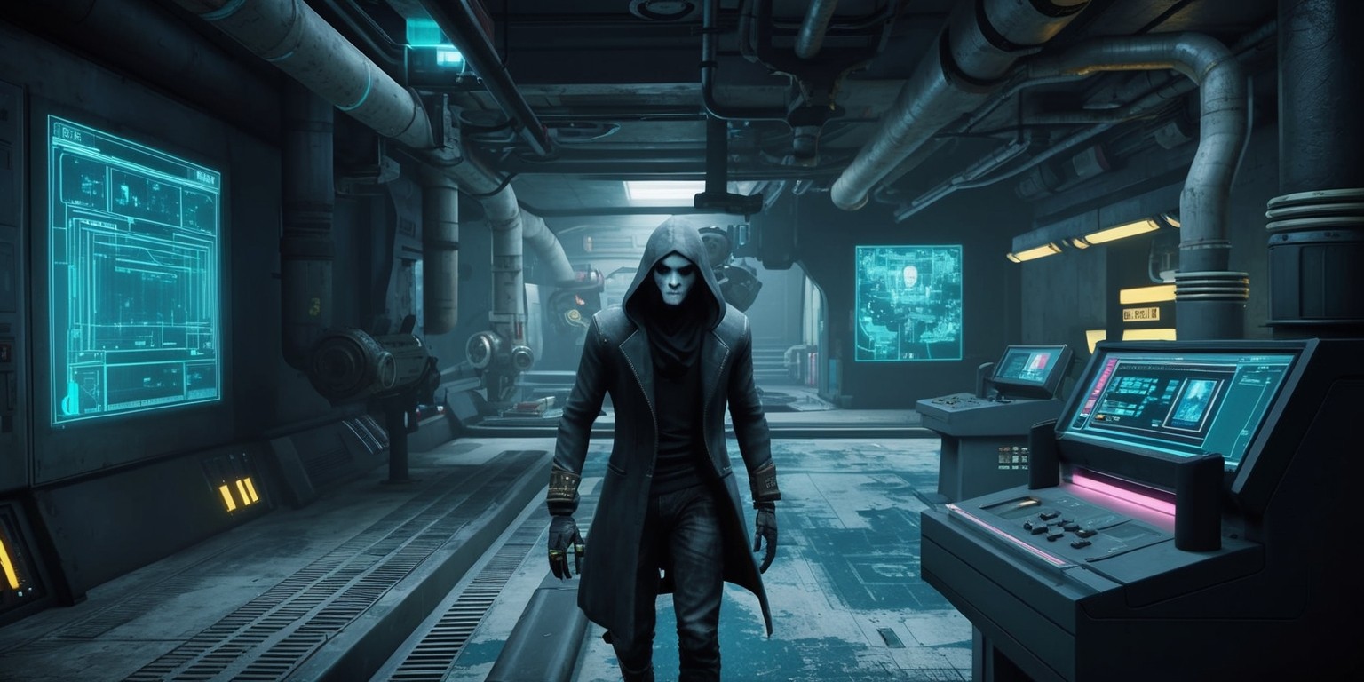 A futuristic, dystopian video game scene with a dark, gritty atmosphere, dominated by muted blues and greys, featuring a lone, hooded figure with pale skin and sharp facial features, navigating a complex, industrial-style labyrinthine level, with pipes, ducts, and dimly lit consoles, incorporating a mix of sci-fi and cyberpunk elements, such as holographic interfaces, robotic enemies, and augmented reality overlays, with bold, neon accents and subtle, atmospheric lighting, and a sense of tension and unease, inviting the player to explore and uncover hidden secrets and conspiracies.