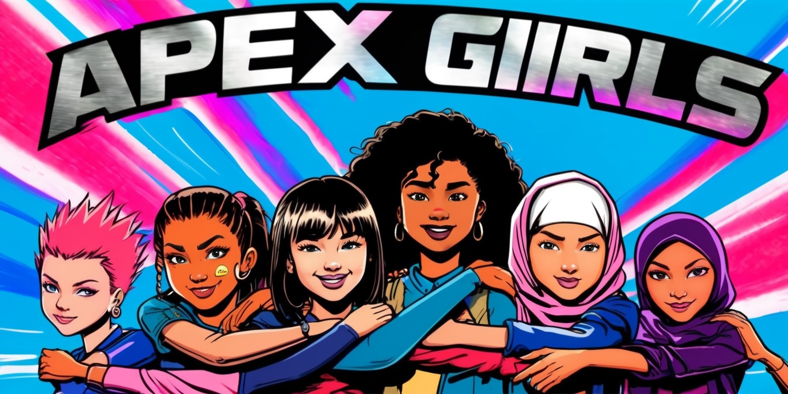 A vibrant and dynamic illustration of a group of diverse teenage girls, each with unique features and personalities, embodying the concept of "Apex Girls". The scene is set against a bold, electric blue background, with streaks of bright pink and purple hues. The girls are positioned in a circular formation, with their arms around each other, exuding confidence, empowerment, and friendship. One girl has short, spiky hair and a nose ring, another has long, curly locks and a bright smile, while a third has a hijab and a determined expression. Their skin tones range from warm golden brown to soft porcelain, reflecting their individuality. The overall style is a fusion of anime and comic book influences, with bold lines, expressive facial features, and dynamic poses. The title "Apex Girls" is emblazoned in bold, metallic silver lettering across the top of the image, with a subtle gradient effect that shimmers in the light.