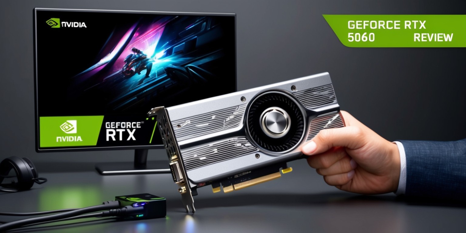A detailed image of a newly unboxed Nvidia GeForce RTX 5060 graphics card on a sleek, modern, dark gray background, with the card's metallic finish and intricate circuitry visible, alongside a monitor displaying a high-performance gaming scene with vibrant colors and sharp graphics, and a reviewer's hand holding the card, with a neutral expression on their face, medium skin tone, and a professional attire, in the foreground, a few gaming peripherals and cables are subtly visible, with the Nvidia logo prominently displayed on the card and the monitor, in a bold, sans-serif font, with a mix of bright green and silver hues, and a tagline or review title displayed in a clean, modern font, such as Open Sans, with the text Nvidia GeForce RTX 5060 Review in a curved line above the graphics card.