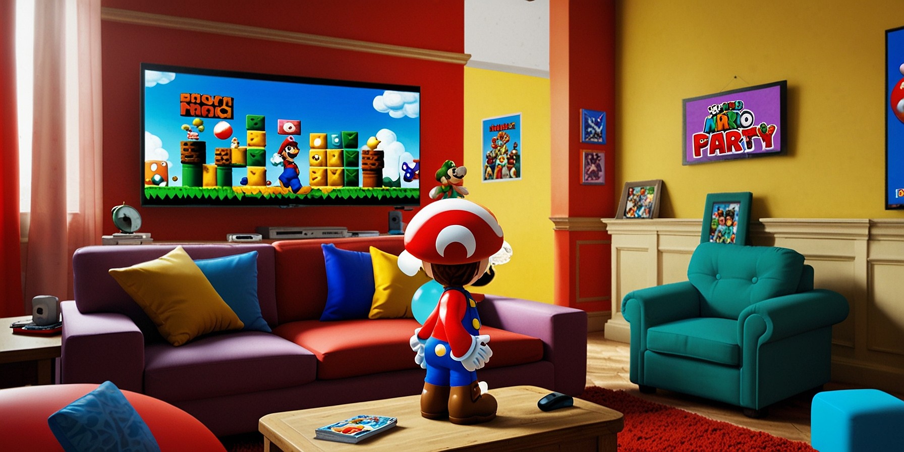 A colorful and lively illustration of a person, likely a young adult with a bright and excited expression, sitting on a couch surrounded by Nintendo Switch consoles, games, and accessories, with a giant TV screen in the background displaying the Super Mario Party Jamboree game, and scattered confetti and balloons to convey the party atmosphere, all set against a warm and inviting yellow-orange background with subtle textures resembling a mix of fabric and paper, the person surrounded by stacks of game guides, notebooks, and pens, with a few Mario-themed items like Mario