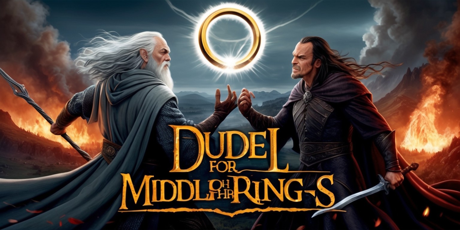 A fantastical illustration depicting a duel between two powerful warriors, Gandalf and Saruman, set against a dramatic backdrop of Middle-earth's landscapes, with the One Ring suspended in mid-air between them, emitting a radiant glow; Gandalf, clad in his iconic grey robes, staff in hand, with a wispy beard and piercing blue eyes, stands defiantly against Saruman, dressed in his dark attire, his treacherous intent evident in his piercing brown eyes and sinister smile; the atmosphere is intense, with fire and smoke billowing in the background, as the fate of Middle-earth hangs in the balance; the art style is reminiscent of a fantasy novel cover, with intricate details, rich colors, and textures, evoking a sense of wonder and epic struggle; in the foreground, the title Duel for Middle-earth is emblazoned in bold, golden font, with the Lord of the Rings logo subtly integrated above it, featuring the One Ring's silhouette and the words Lord of the Rings in a curved line.