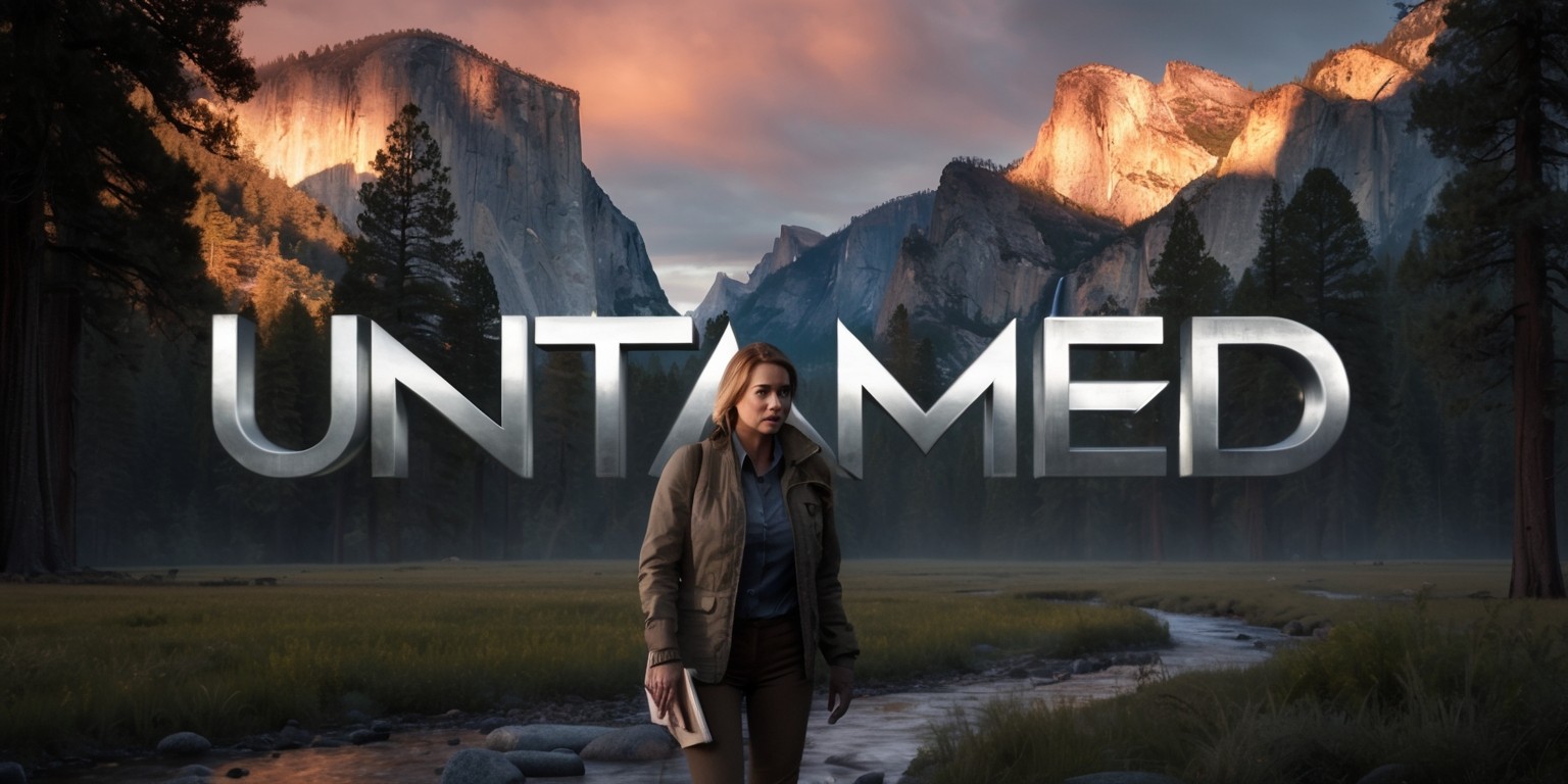 A serene and ominous landscape of Yosemite at dusk, with warm golden light casting long shadows across the trees, serves as the backdrop for a promotional image of the TV series Untamed, with a bold, modern font displaying the title in metallic silver, and a subtle, faded image of a detective in the background, with a determined look on their face, wearing a rugged outdoor jacket and holding a notebook, surrounded by lush greenery and majestic granite cliffs, evoking a sense of mystery and adventure, as the camera pans out to reveal the vast, untouched wilderness of Yosemite, with the sound of a gentle stream and the distant call of a bird filling the air, capturing the essence of the investigative drama and its connection to the stunning natural beauty of the national park.