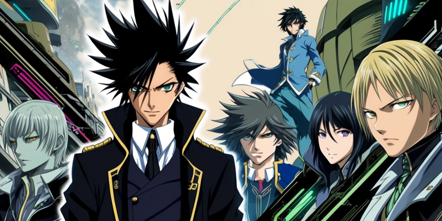 A vibrant, detailed illustration of a key scene or character from the Code Geass anime series, set against a backdrop of a dystopian, high-tech world, with a mix of muted, earthy tones and neon accents, evoking a sense of intrigue and rebellion, featuring Lelouch, the main protagonist, with his striking, spiky black hair, piercing green eyes, and a resolute expression, dressed in his iconic Ashford Academy uniform, possibly surrounded by other main characters, such as Suzaku, C.C., or Kallen, each with their unique facial features, skin tones, and attire, with bold lines, dynamic shading, and a mix of digital and traditional media-inspired textures, capturing the essence of the anime's stylized, futuristic aesthetic, with a sense of action, drama, and intensity.