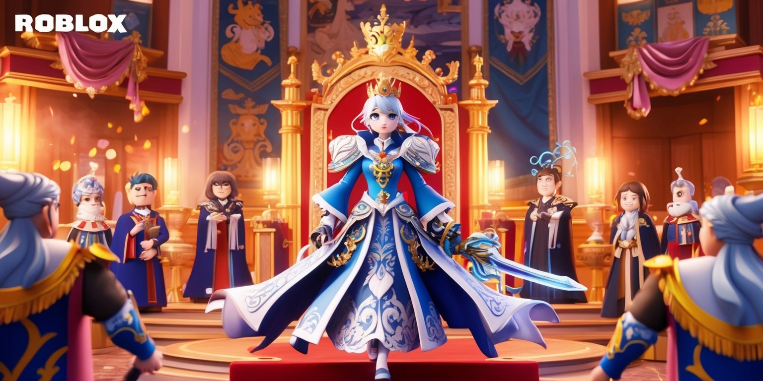 A vibrant, stylized illustration of an anime-inspired royal court, set within the virtual world of Roblox, featuring a regal throne room with ornate furnishings, tapestries, and golden accents, illuminated by soft, warm lighting. In the center, a dignified, youthful monarch with striking blue eyes, porcelain skin, and flowing silver hair, adorned in elaborate, intricately designed royal attire, complete with a delicate crown and ornate sword, stands confidently, surrounded by loyal, animated Subjects and advisors. The atmosphere is lively, with subtle hints of fantasy and magic, as if the very fabric of the digital realm is infused with ancient, mystical energies. The art style blends traditional anime sensibilities with modern, 3D computer-generated elements, resulting in a dynamic, visually stunning image that encapsulates the whimsical essence of the Roblox game, Anime Royale.