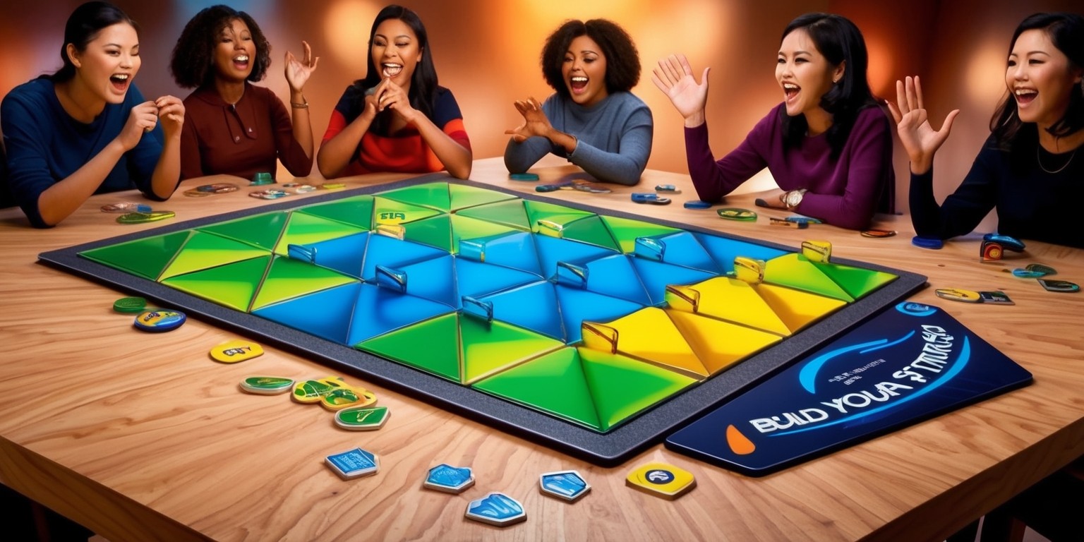 A strategic board game with a creative tile-placement mechanism, featuring a large, rectangular game board with a colorful, modern design, including various shaped tiles in vibrant hues of blue, green, and yellow, arranged in a unique pattern, with several player tokens and scoring markers in bold, metallic colors, placed on a wooden table with a subtle, natural grain texture, surrounded by excited players with diverse facial features and skin colors, all deeply engaged in the game, with a few players displaying looks of intense focus and others showing expressions of delight and surprise, as they contemplate their next moves, amidst a background of blurred, warm-colored lighting, with the game's logo, a stylized, sans-serif font in bright, fire-engine red, prominently displayed on the board's corner, and a tagline, written in a curved, cursive script in deep, navy blue, reading Build Your Strategy emblazoned above the logo.