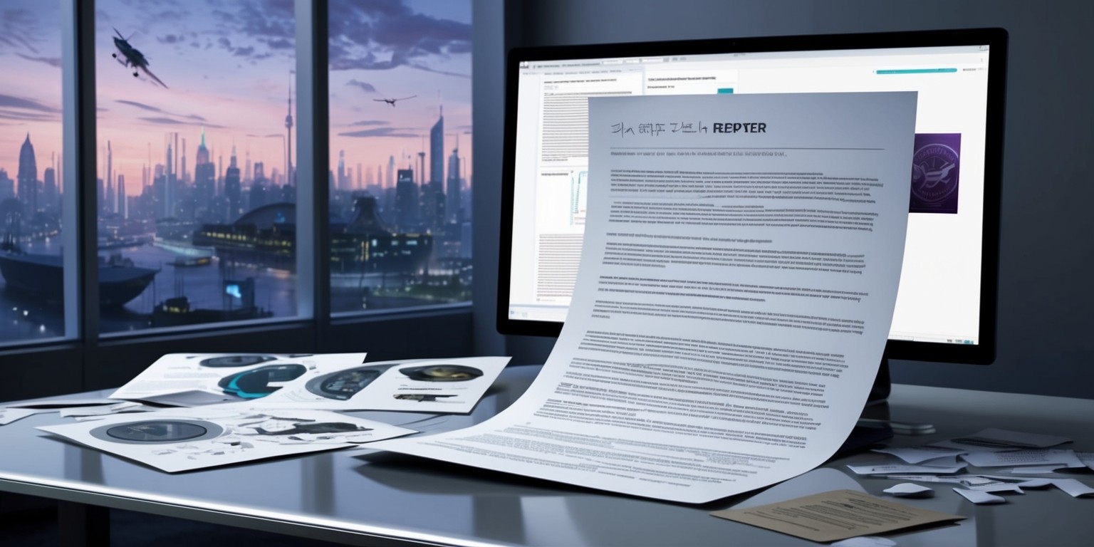 A detailed report lies on a sleek, modern desk, surrounded by concept art and storyboards for a canceled spy shooter game, with a blend of traditional stealth and futuristic mechanics, the project's narrative ambitions and technical innovation are highlighted through scattered notes and diagrams, the text of the report itself is typed on a computer screen in the background, with a cityscape at dusk visible through the window, symbolizing the impact of corporate restructuring on the studio and the industry, the color palette is muted with shades of gray, blue, and purple, conveying a sense of loss and disappointment, the report's font is a clean, modern sans-serif, with headings in a bold, silver font, and the game's logo, a stylized, metallic lettering, is visible on a discarded poster.