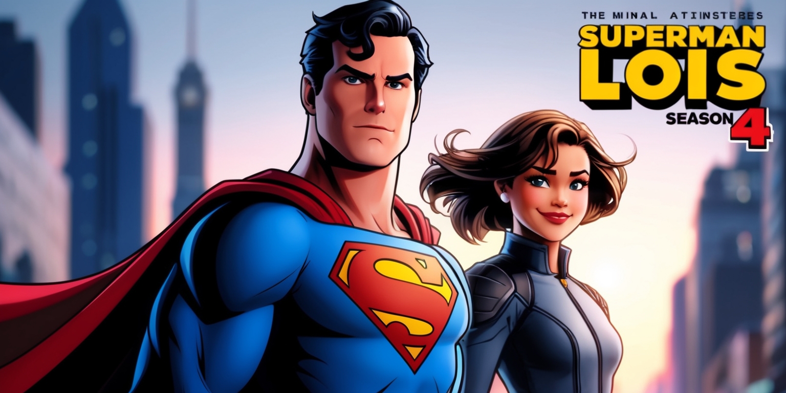 A stylized poster for Superman & Lois season 4, featuring the titular superheroes in the foreground, with Superman depicted in his iconic blue and red suit with a yellow S shield on his chest, his eyes emitting a determined gaze, and Lois standing beside him, dressed in a modern and sleek outfit, her hair flowing in the wind, her facial features showcasing a sense of strength and intelligence, with a subtle smile, her skin tone a warm, sun-kissed complexion, and her eyes shining bright with a sense of determination, set against a blurred, metropolitan backdrop of Metropolis at dusk, with the city's towering skyscrapers and bustling streets subtly visible, the overall mood evoking a sense of heroism, action, and adventure, with vibrant colors and bold typography used for the show's title and tagline.