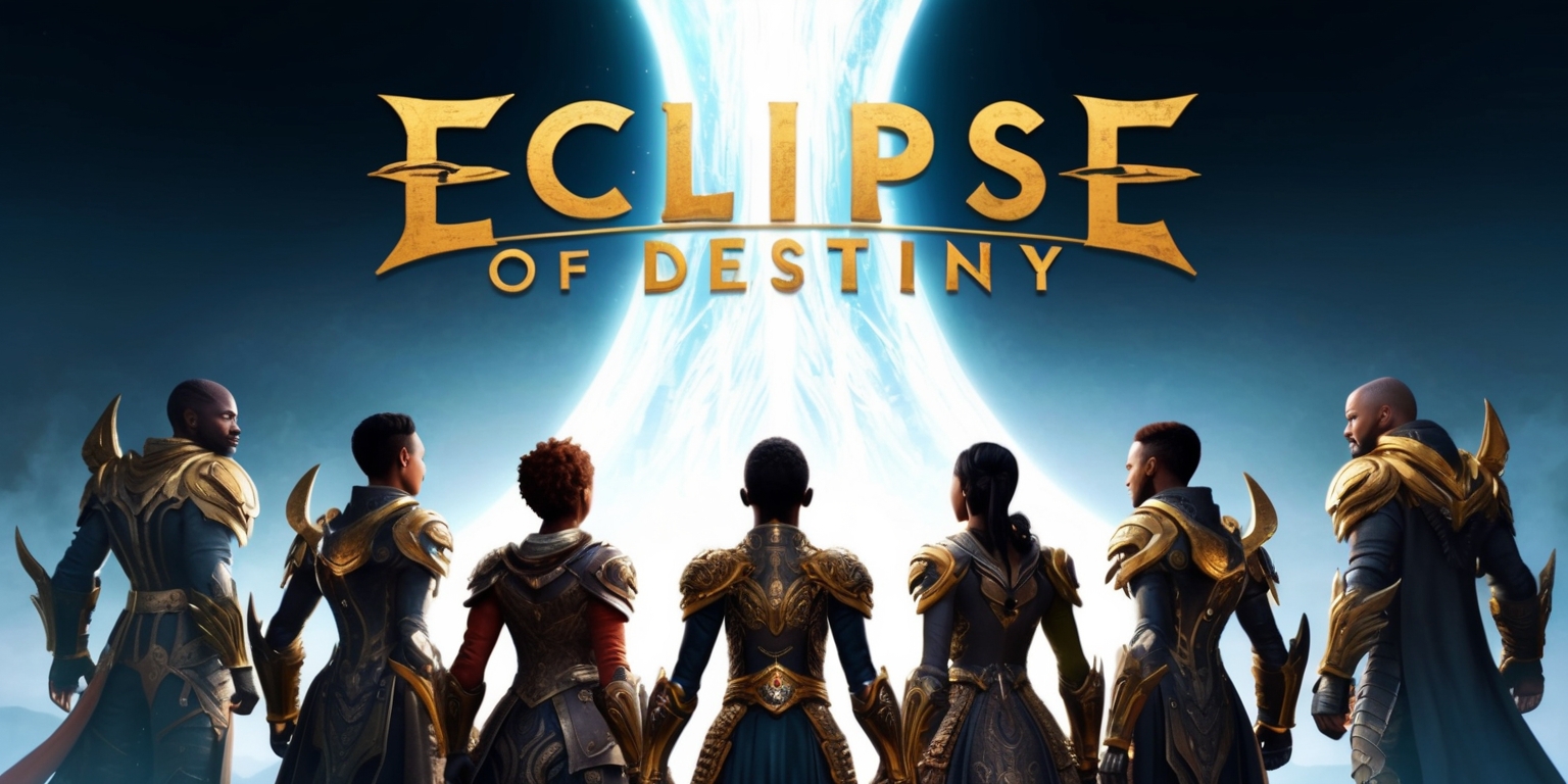 A majestic, gold-embossed cover art for the Eclipse of Destiny video game, set against a dark, gradient blue background that evokes a sense of mystery and adventure. The title Eclipse of Destiny is emblazoned in bold, curved font, with the words Eclipse and Destiny in a stylized, futuristic script, while the phrase of Destiny appears in a more traditional, serif font, hinting at the game's balance of legacy and innovation. In the foreground, a group of five diverse heroes, each with distinct skin tones and facial features, stand united, gazing up at a massive, ethereal portal that shimmers with an otherworldly aura. The heroes are dressed in ornate, intricately designed armor, with hints of technology integrated into their attire, suggesting a blend of fantasy and science fiction. The overall atmosphere is one of epic scope and cinematic grandeur, inviting players to embark on a transformative journey.