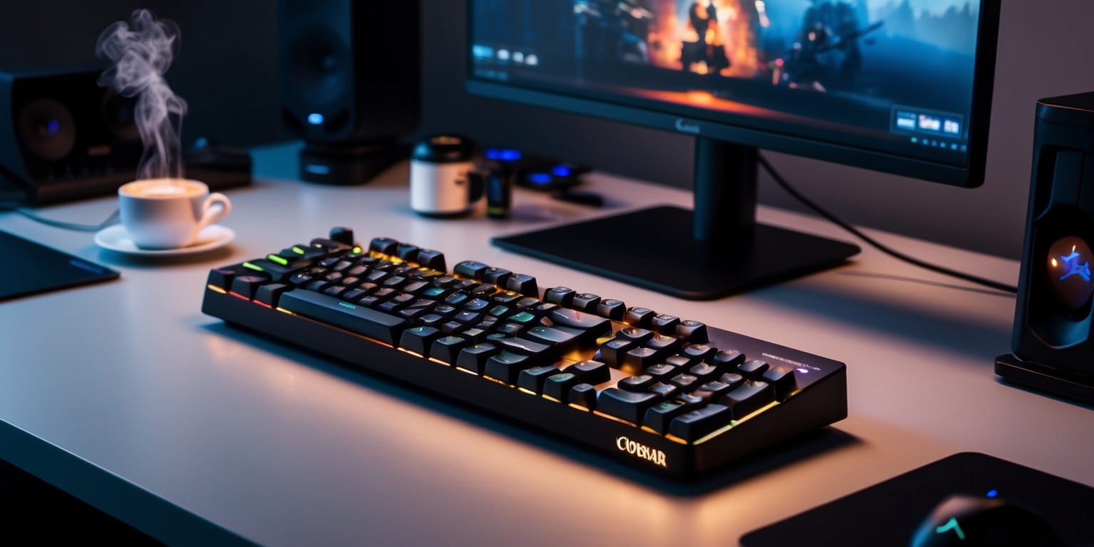 A sleek and modern desk setup featuring the Corsair K70 Pro TKL gaming keyboard as the centerpiece, illuminated by a soft, warm LED glow with customizable backlighting, surrounded by a tidy and organized workspace, complete with a few gaming peripherals and a monitor displaying a paused game scene in the background, with a subtle hint of a darkened room ambiance, the keyboard's compact tenkeyless design and contoured keycaps take center stage, with a cup of steam-emitting coffee or energy drink sitting nearby, and a few scattered gaming-themed items such as a mousepad or a miniature figurine, all set against a clean, dark gray or black background that accentuates the keyboard's metallic and angular design elements, with a shallow depth of field to blur out any distractions and draw the viewer's attention to the keyboard's sleek, premium build and advanced features.
