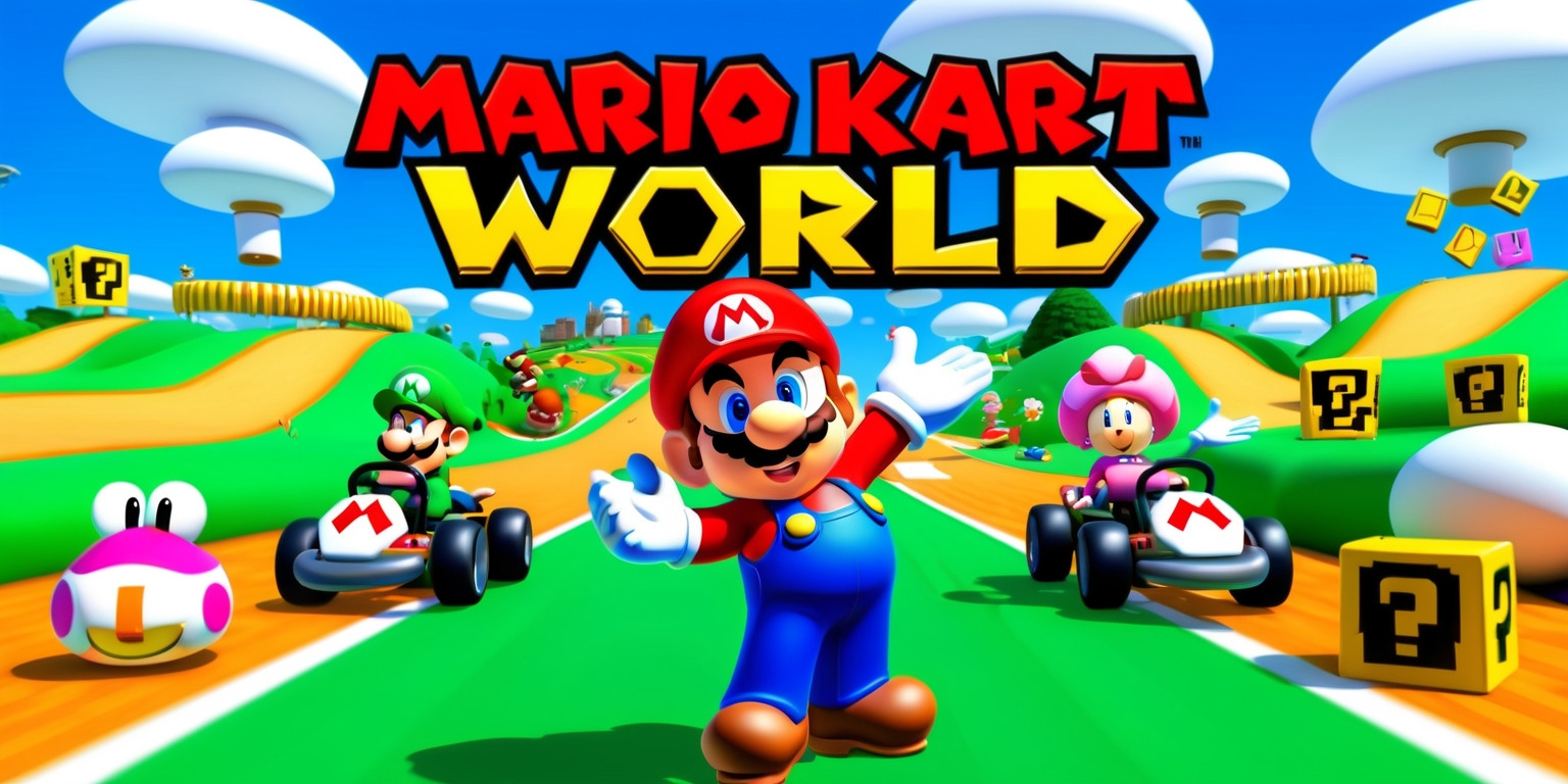 A vibrant, colorful illustration of the Mario Kart World game, featuring Mario and his friends racing on a lush, green track with rolling hills and pipes in the background, surrounded by iconic Mario Kart elements such as item boxes, question mark blocks, and cheering Toads, set against a bright blue sky with fluffy white clouds, with the game's logo prominently displayed in bold, red lettering with golden outlines, adorned with colorful Mario-themed icons and power-ups, with Mario himself standing proudly in the foreground, sporting his signature red cap, blue overalls, and mustachioed smile, with Luigi, Princess Peach, and Toad cheering him on from the sidelines, all rendered in a stylized, dynamic style reminiscent of the game's colorful and energetic aesthetic, with bold lines, vibrant textures, and exaggerated expressions.