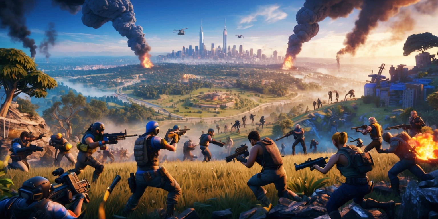 A vibrant, action-packed scene depicting a massive Battle Royale game, set in a vast, open world with a mix of urban and natural environments, featuring a sprawling cityscape in the distance, with towering skyscrapers and neon lights, surrounded by a dense forest, hills, and ruins. The atmosphere is tense and chaotic, with smoke and fire rising from various points on the map. A diverse group of heavily-armed contestants, each with unique clothing, hairstyles, and skin tones, are scattered throughout the landscape, some engaging in intense firefights, while others are scavenging for supplies or fleeing from danger. The color palette is bold and striking, with a focus on blues, oranges, and yellows, evoking a sense of urgency and high stakes. The composition is dynamic, with a low-angle shot and dramatic shadows, emphasizing the grand scale of the battle.
