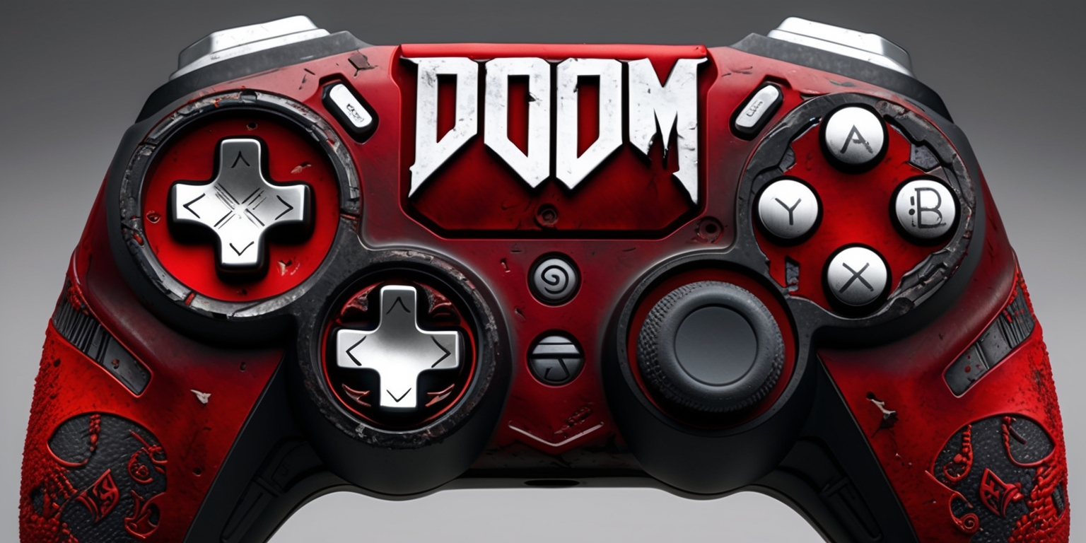 A dark, gritty gaming controller with a Doom-inspired design, featuring a bold, blood-red color scheme with metallic accents, ornate details, and a futuristic font displaying the Doom logo in silver, the controller's directional pad and face buttons are designed to resemble the game's iconic armor and weaponry, with a textured, worn look, the controller's grip is adorned with subtle, infernal patterns and symbols, reminiscent of the game's hellish landscapes, the overall aesthetic is one of industrial, post-apocalyptic brutality, with sharp lines, aggressive curves, and a sense of rugged, battle-worn durability.