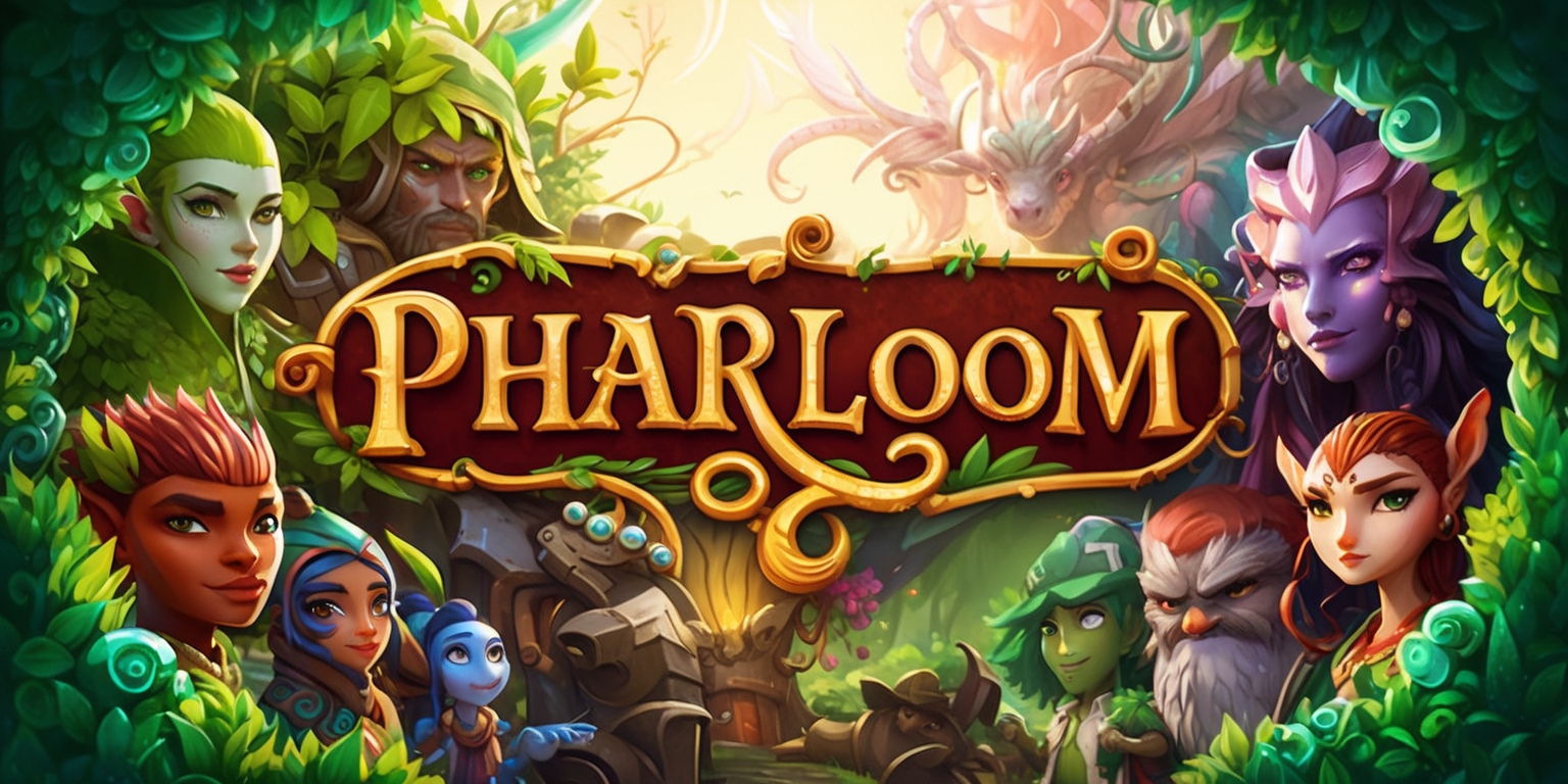 A vibrant and intricately designed scene depicting the Pharloom game, with a mix of lush greenery and mystical elements, set against a warm and earthy color palette, featuring a variety of unique characters and creatures with distinct facial features and skin tones, in a stylized illustration style with bold lines and delicate textures, with the game's logo prominently displayed in a curly, golden font, surrounded by lush foliage and swirling patterns, with a sense of movement and energy emanating from the scene, capturing the essence and wonder of the Pharloom game world.