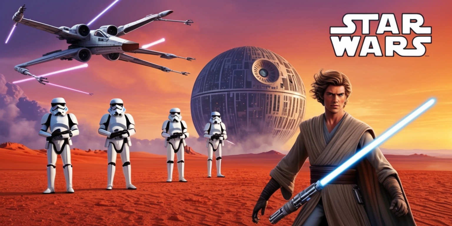 A sweeping sci-fi landscape set against a vibrant orange and purple sunset, with iconic Star Wars elements including a sleek silver X-wing starfighter soaring through the clouds, joined by a trio of towering, gleaming white stormtroopers standing at attention on the desert planet's rust-red soil, surrounded by a subtle mist of binary sunset haze, with a majestic, sprawling Death Star looming in the distant horizon, its metallic surface etched with intricate, rhythmic patterns, as a lone, heroic figure clad in a worn, earth-toned Jedi robe, with a gleaming, silver-hilted lightsaber at the ready, stands defiantly at the forefront, their determined face set against the fiery backdrop, with strong, angular features, piercing blue eyes, and a wispy, wind-tousled brown hair, as the Star Wars logo, in bold, metallic silver lettering, emblazoned across the top of the image in a stylized, curved font.