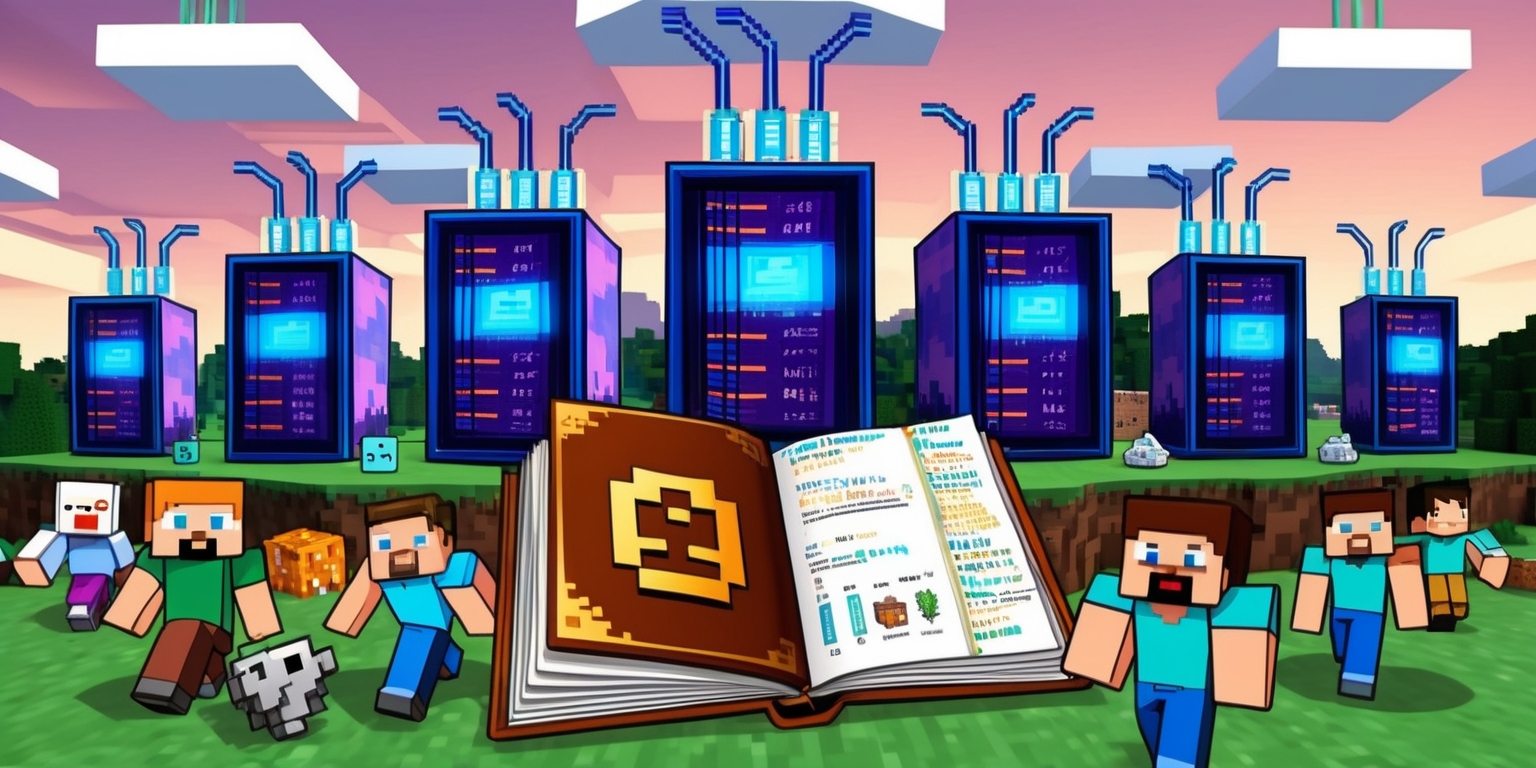 A vibrant digital illustration depicting a futuristic Minecraft-inspired landscape, set against a warm, sunny sky with fluffy white clouds, serving as a backdrop for a collection of colorful, stylized servers with glowing blue circuits and wires, surrounded by Minecraft blocks and items such as diamonds, creepers, and crafting tables. In the foreground, a large, leather-bound book with a golden Minecraft logo on the cover lies open, revealing a page filled with code and diagrams, while a handful of Minecraft characters, including Steve and Alex, gather around, engaged in various activities such as coding, building, and gaming. The overall aesthetic is playful, bright, and bursting with creative energy, with bold lines, exaggerated features, and a mix of pastel and neon colors.